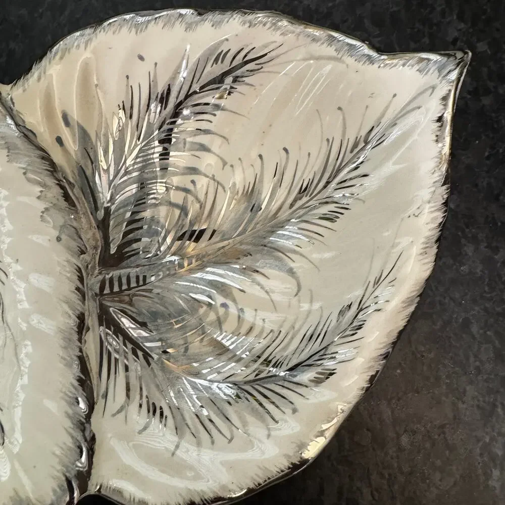 Vintage Italian Pottery Double Leaf Dish Bowl Silver Vein Handle Mid Century